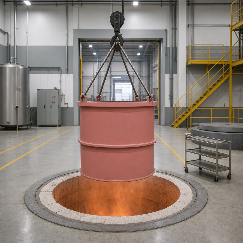 Imagem ilustrativa: Cesto cilíndrico de peças suspenso por quatro barras e um gancho logo acima da boca de um forno de poço, em um galpão limpo com faixas amarelas no piso.