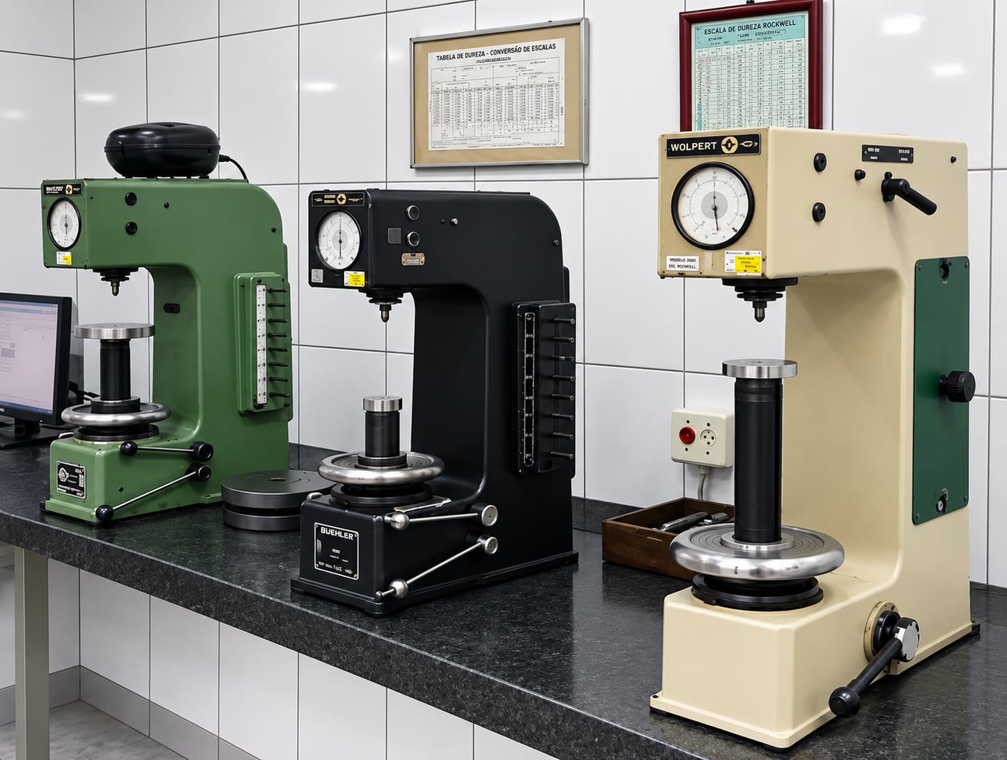 Imagem ilustrativa: Bancada de granito do laboratório com um computador e durômetros, diante de uma parede de azulejos brancos com um quadro de tabela de dureza.