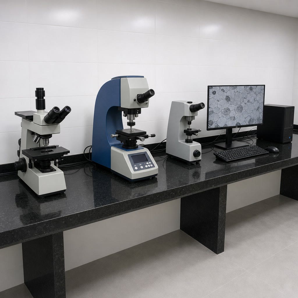 Imagem ilustrativa: Microscópio metalográfico, microdurômetro azul, um segundo microdurômetro e um computador sobre a bancada de granito preto do laboratório.